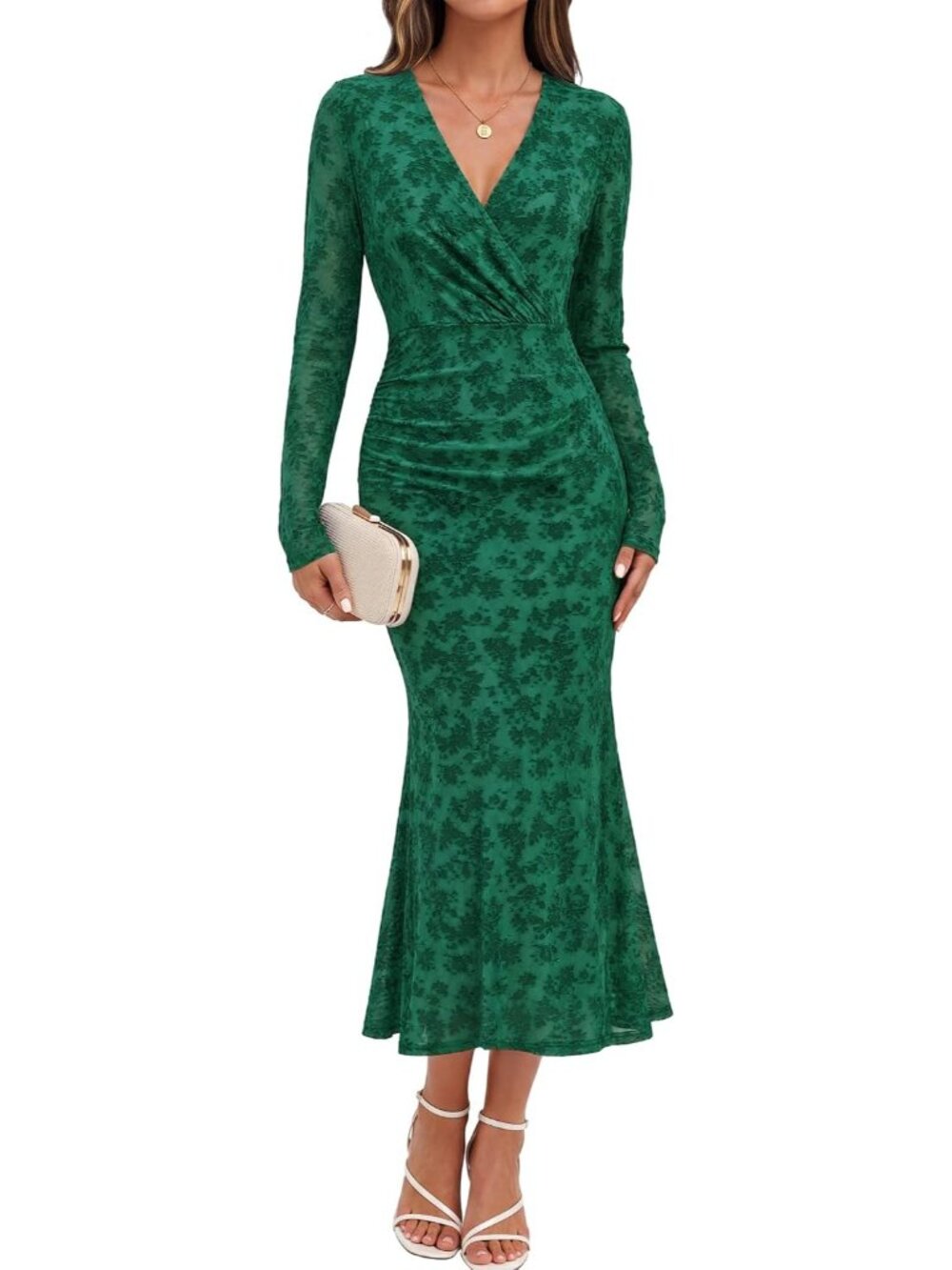 〽️Green Floral Maxi Dress Long Sleeve Wrap V Neck Ruched Waist Ruffle Hem